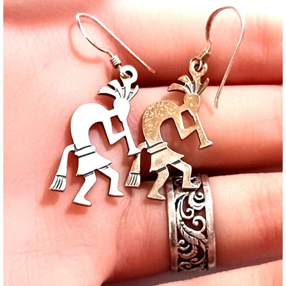 Native American Kokopelli Earrings Dangle Drop Wire Sterling Silver (1284) - Picture 4 of 4